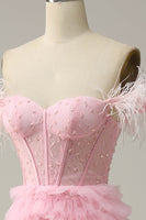 Load image into Gallery viewer, A Line Off the Shoulder Pink Corset Prom Dress with Ruffled Feathers