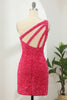 Load image into Gallery viewer, Sheath One Shoulder Fuchsia Short Homecoming Dress with Appliques