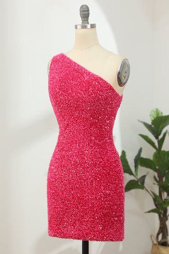 Hot Pink Open Sequins One Shoulder Tight Homecoming Dress