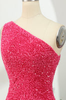 Load image into Gallery viewer, Sheath One Shoulder Fuchsia Short Homecoming Dress with Appliques