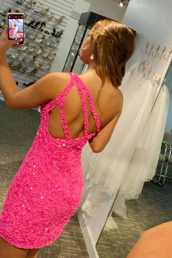 Fuchsia Sequins One Shoulder Homecoming Dress