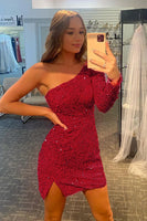 Load image into Gallery viewer, Blue Bodycon Sequins Short Homecoming Dress with Sleeves