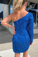Load image into Gallery viewer, Blue Bodycon Sequins Short Homecoming Dress with Sleeves