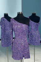 Load image into Gallery viewer, Blue Bodycon Sequins Short Homecoming Dress with Sleeves