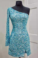 Load image into Gallery viewer, Blue Bodycon Sequins Short Homecoming Dress with Sleeves