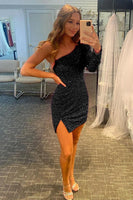 Load image into Gallery viewer, Blue Bodycon Sequins Short Homecoming Dress with Sleeves