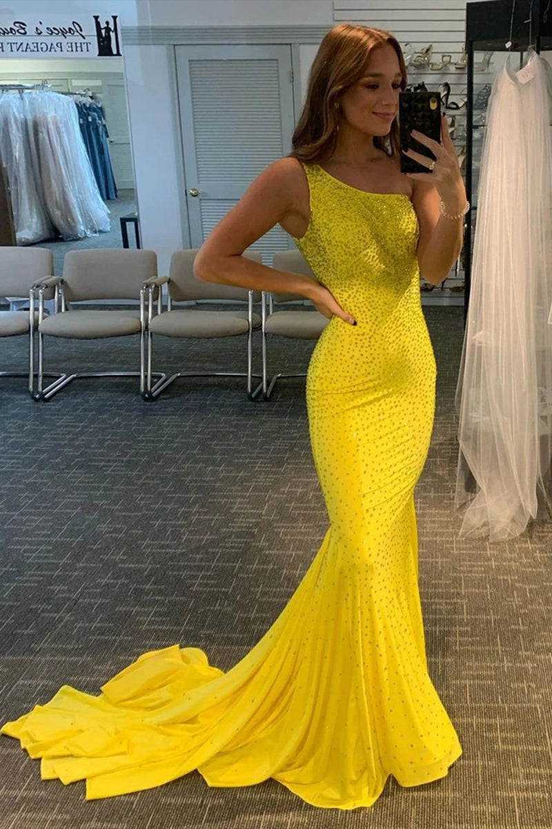 Load image into Gallery viewer, Yellow Beaded Mermaid Prom Dress
