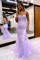 Load image into Gallery viewer, Coral Sweetheart Lace-Up Long Mermaid Prom Dress with Appliques