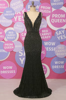 Load image into Gallery viewer, Queendancer Women Black Mermaid Long Prom Dress with Beading Deep V Neck Open Back Evening Dress with Lace