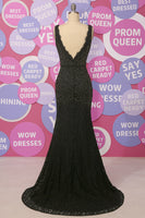 Load image into Gallery viewer, Black Mermaid Beaded Deep V Neck Long Prom Dress with Lace