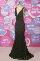 Load image into Gallery viewer, Black Mermaid Beaded Deep V Neck Long Prom Dress with Lace
