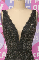 Load image into Gallery viewer, Black Mermaid Beaded Deep V Neck Long Prom Dress with Lace