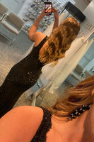 Load image into Gallery viewer, Elegant Glitter Black Deep V Neck Long Prom Dress with Rhinestone