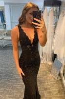 Load image into Gallery viewer, Elegant Glitter Black Deep V Neck Long Prom Dress with Rhinestone