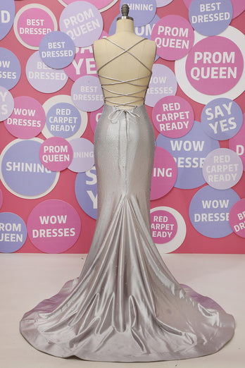 Mermaid Silver Spaghetti Straps Deep V Neck Prom Dress With Criss Cross Back