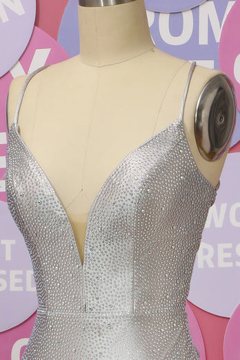 Mermaid Silver Spaghetti Straps Deep V Neck Prom Dress With Criss Cross Back
