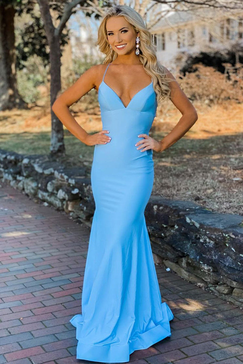 Load image into Gallery viewer, Blue Spaghetti Straps Mermaid Prom Dress
