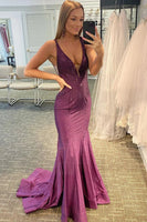 Load image into Gallery viewer, Mermaid Deep V Neck Royal Blue Long Prom Dress with Beading