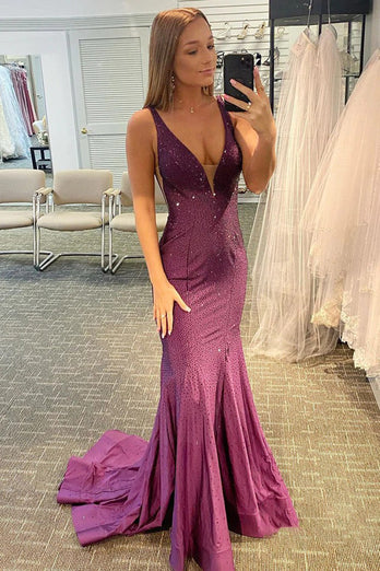 Mermaid Deep V Neck Royal Blue Long Prom Dress with Beading