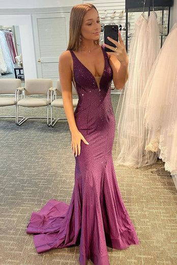 Beading V-neck Purple Mermaid Prom Dress