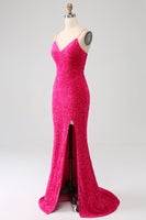 Load image into Gallery viewer, Fuchsia Mermaid Spaghetti Straps V-Neck Sequin Prom Dress With Split