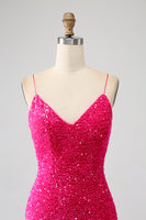 Load image into Gallery viewer, Fuchsia Mermaid Spaghetti Straps V-Neck Sequin Prom Dress With Split