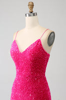 Load image into Gallery viewer, Fuchsia Mermaid Spaghetti Straps V-Neck Sequin Prom Dress With Split