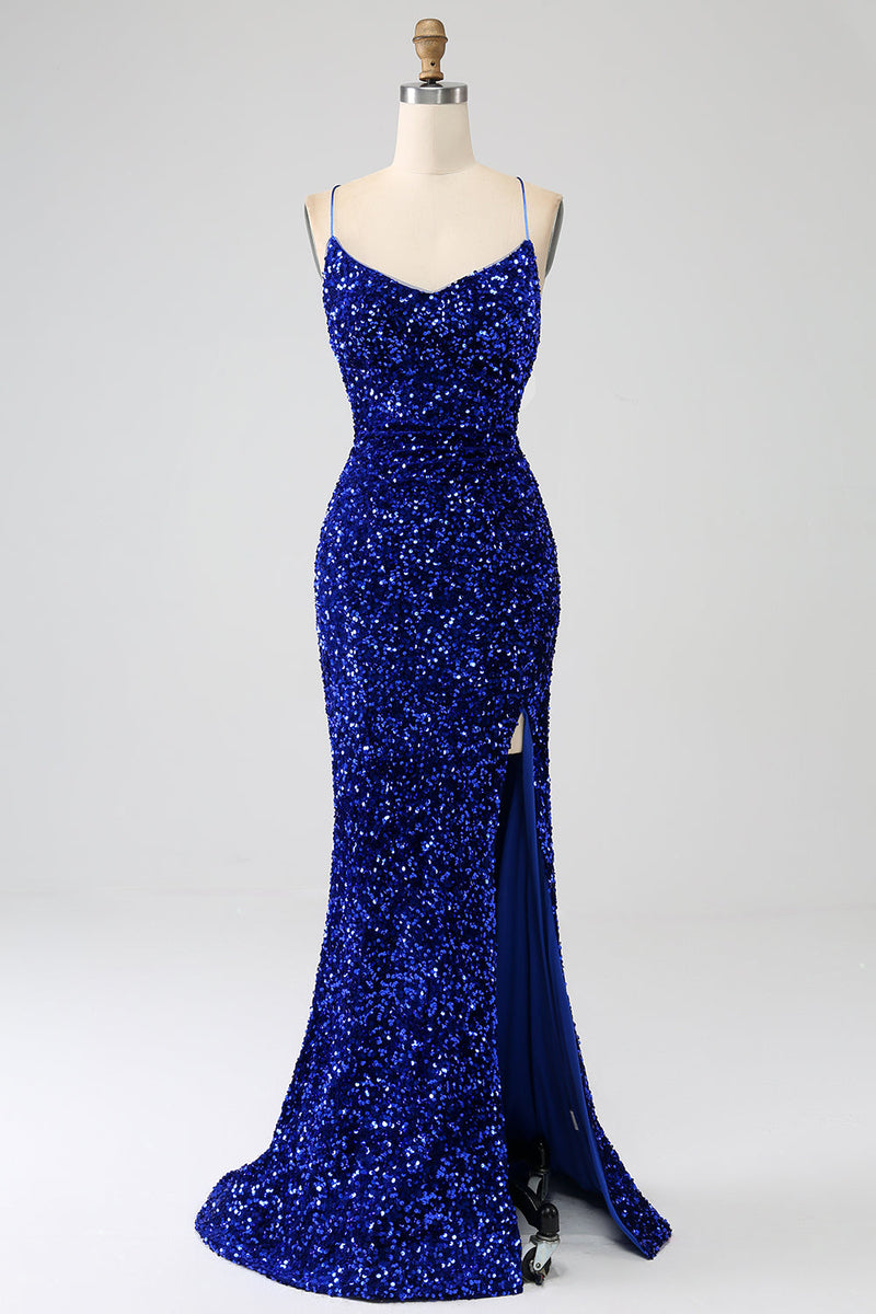 Load image into Gallery viewer, Fuchsia Mermaid Spaghetti Straps V-Neck Sequin Prom Dress With Split