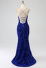 Load image into Gallery viewer, Fuchsia Mermaid Spaghetti Straps V-Neck Sequin Prom Dress With Split