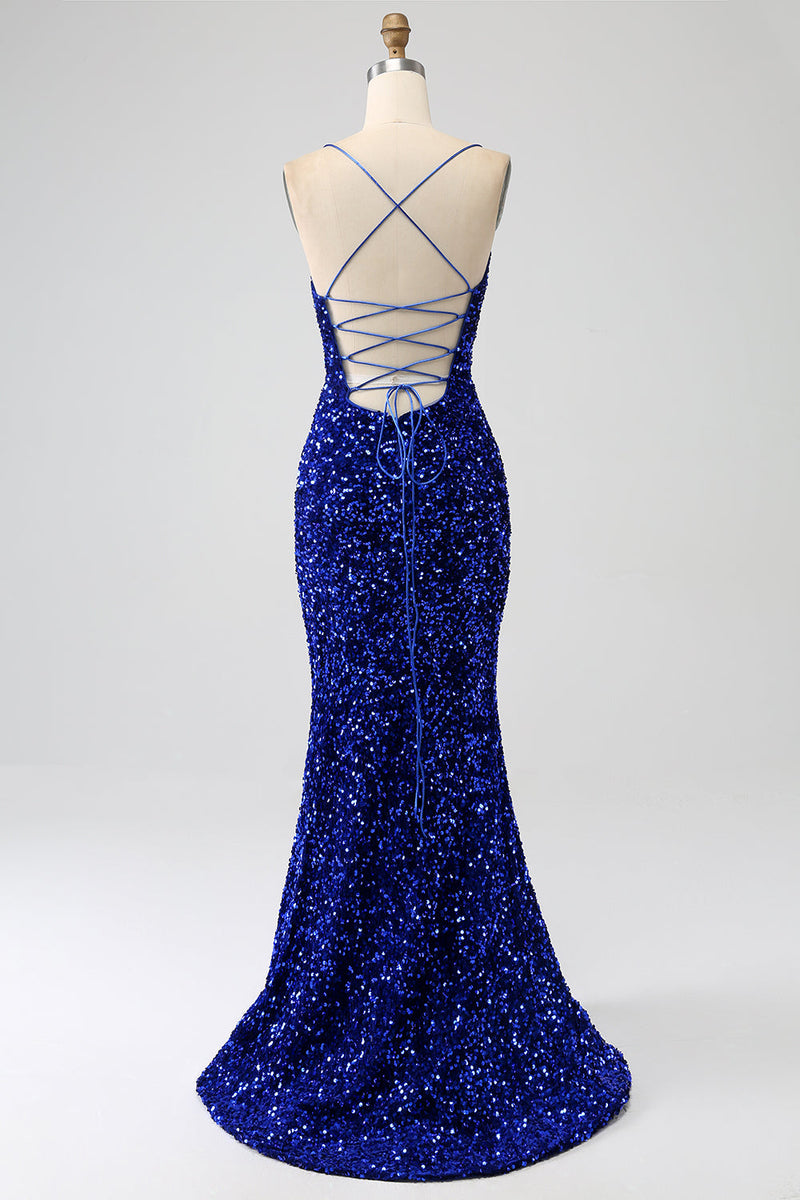 Load image into Gallery viewer, Fuchsia Mermaid Spaghetti Straps V-Neck Sequin Prom Dress With Split