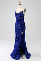 Load image into Gallery viewer, Fuchsia Mermaid Spaghetti Straps V-Neck Sequin Prom Dress With Split