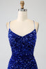 Load image into Gallery viewer, Fuchsia Mermaid Spaghetti Straps V-Neck Sequin Prom Dress With Split