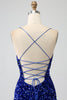 Load image into Gallery viewer, Fuchsia Mermaid Spaghetti Straps V-Neck Sequin Prom Dress With Split