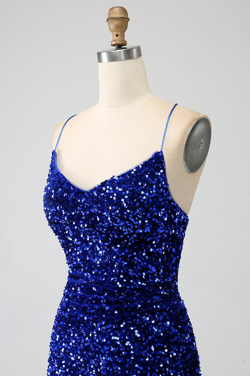 Load image into Gallery viewer, Fuchsia Mermaid Spaghetti Straps V-Neck Sequin Prom Dress With Split