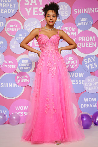 A Line Spaghetti Straps Hot Pink Long Prom Dress with Appliques