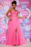 Load image into Gallery viewer, A Line Spaghetti Straps Hot Pink Long Prom Dress with Appliques