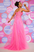 Load image into Gallery viewer, A Line Spaghetti Straps Hot Pink Long Prom Dress with Appliques