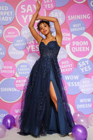 Load image into Gallery viewer, A Line Spaghetti Straps Navy Long Prom Dress with Appliques