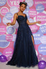 Load image into Gallery viewer, A Line Spaghetti Straps Navy Long Prom Dress with Appliques