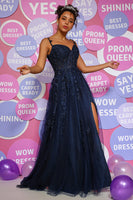Load image into Gallery viewer, A Line Spaghetti Straps Navy Long Prom Dress with Appliques