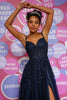 Load image into Gallery viewer, A Line Spaghetti Straps Navy Long Prom Dress with Appliques