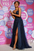 Load image into Gallery viewer, A Line Spaghetti Straps Navy Long Prom Dress with Appliques