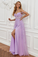 Load image into Gallery viewer, Purple Off the Shoulder Long Prom Dress with Appliques