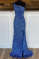 Load image into Gallery viewer, Sheath One Shoulder Red Sequins Long Prom Dress