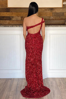 Sheath One Shoulder Red Sequins Long Prom Dress
