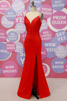 Load image into Gallery viewer, Red Spaghetti Straps V Neck Beaded Backless Prom Dress