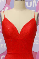 Load image into Gallery viewer, Red Spaghetti Straps V Neck Beaded Backless Prom Dress
