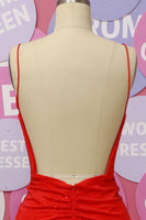 Load image into Gallery viewer, Red Spaghetti Straps V Neck Beaded Backless Prom Dress