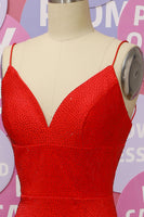 Load image into Gallery viewer, Red Spaghetti Straps V Neck Beaded Backless Prom Dress
