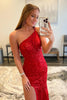 Load image into Gallery viewer, Sheath One Shoulder Red Sequins Long Prom Dress with Split Front